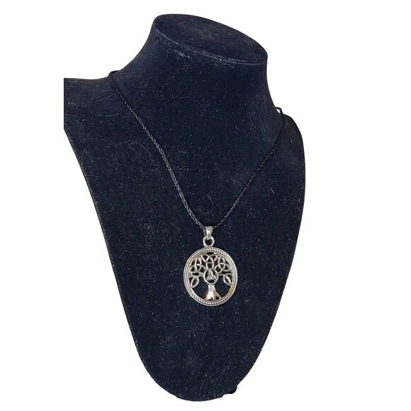 Celtic Tree of Life Pendant Black Silk Braided Chain Silver Alloy Norse - Picture 2 of 4
